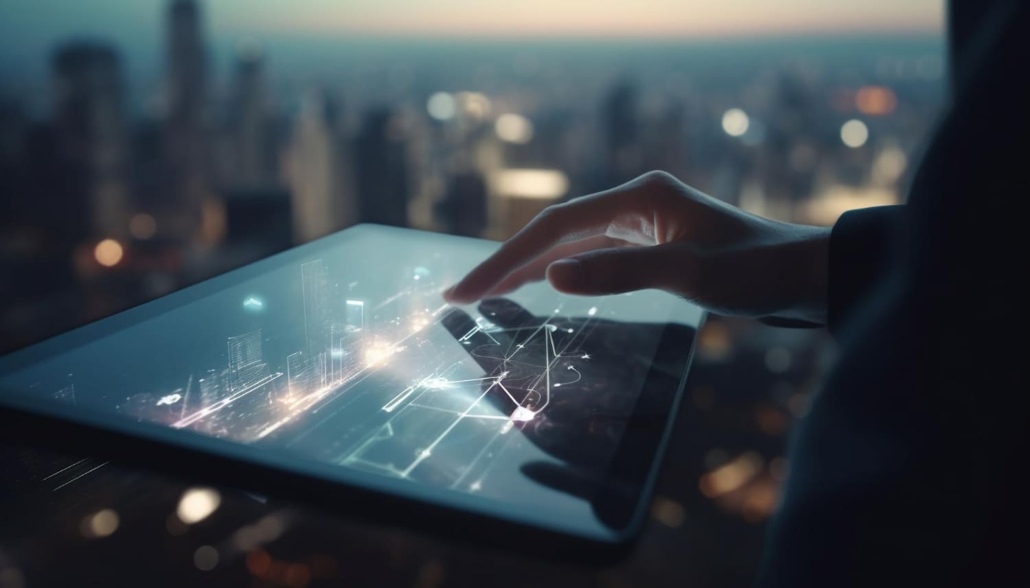 Yapay Zeka Dil Modellerinin Mobil Uygulamalara Etkisi Nedir? 3 businessman holding digital tablet success cityscape generated by ai