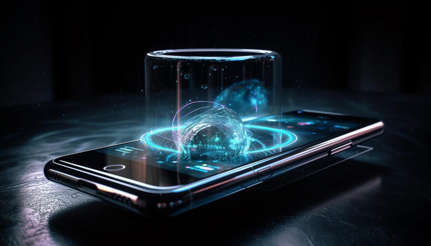 mobile phone glowing blue reflection glass generated by ai min